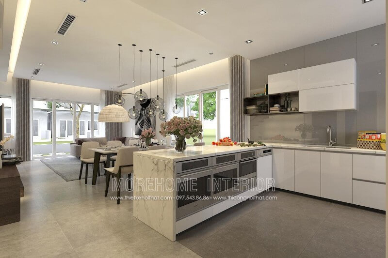 Tủ bếp gỗ An cường màu trắng kết hợp với đá ốp bếp màu bóng màu lông chuột tạo nên một không gian bếp thật thông thoáng và tươi mới. Tủ bếp gỗ công nghiệp và tủ bếp acrylic