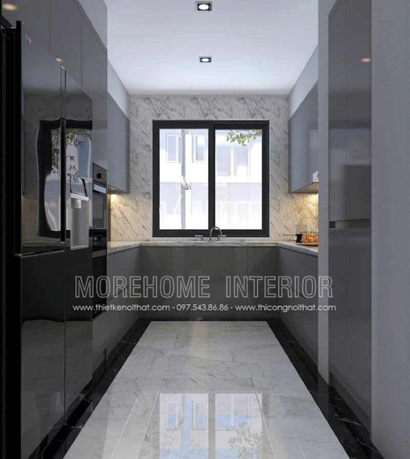 Với không gian bếp không được lớn, bạn nên thiết kế nội thất với tủ bếp hình chữ U hiện đại gỗ acrylic trong đây với một bên bố trí tủ lạnh, lò vi sóng, lò nướng một bên là bếp từ nấu và tủ bếp đựng bát đĩa, xoong nồi cần thiết và ở giữa là chậu rửa là một trong những gợi ý giúp không gian bếp được phát huy tối đa công năng. Tủ bếp gỗ công nghiệp và tủ bếp acrylic