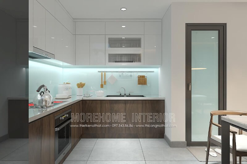 Tủ bếp hiện đại đẹp với sự kết hợp hài hòa của 2 gam màu nâu trầm và trắng tinh tế mang lại sự cuốn hút khó có thể rời mắt Tủ bếp gỗ công nghiệp và tủ bếp acrylic