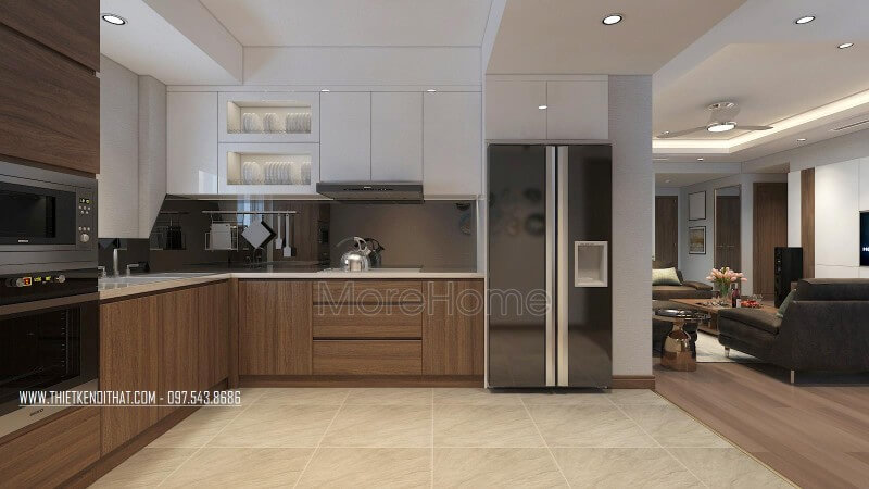 Thiết kế tủ bếp hiện đại chữ L, có đầy đủ thiết bị rất hữu dụng trong khu bếp mang đến không gian bếp đa năng Thiết kế phòng bếp, tủ bếp đẹp