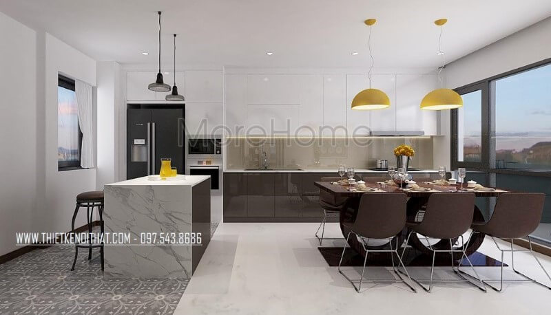 Tủ bếp đảo acrylic hiện đại lồng được bố trí khá đặc biệt với đảo bếp thiết kế theo cạnh chữ L với tủ bếp và nhường chỗ cho bộ bàn ghế ăn vừa tạo nên sự tiện nghi vừa mang lại không gian hài hòa, đẹp mắt, sang trọng. Thiết kế phòng bếp, tủ bếp đẹp