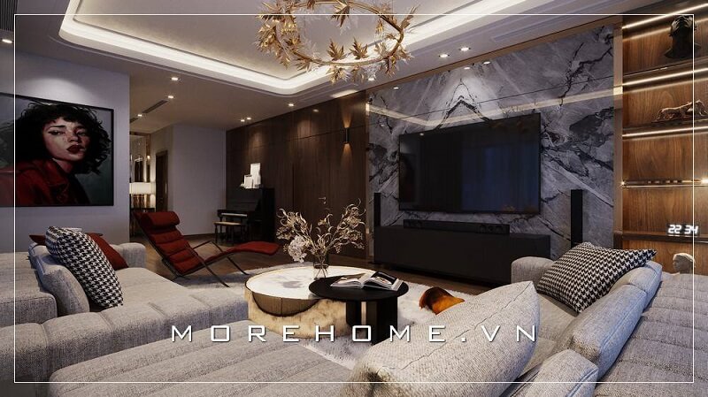 Mẫu thiết kế nội thất phòng khách cao cấp với tông màu xám chủ đạo được yêu thích tại MoreHome