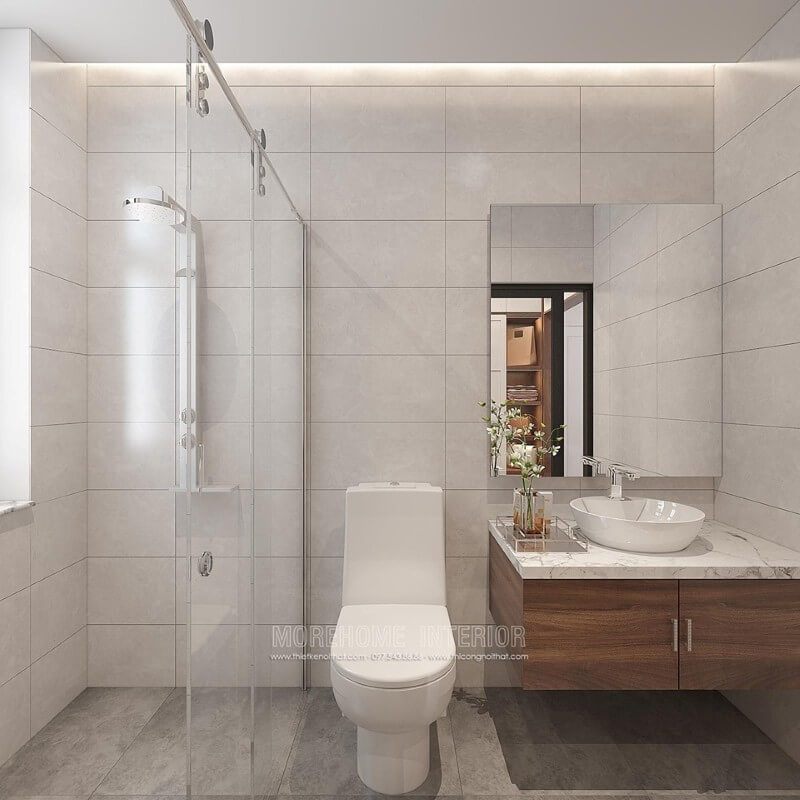 Morehome xin giới thiệu mẫu thiết kế phòng tắm sang trọng với ý tưởng sử dụng tone màu trầm kết hợp đồ trang trí tinh gọn từ gương, vách tắm kính cửa trượt, tủ mặt đá vân mây,.. Và rất nhiều ý tưởng độc đáo hơn nữa quý vị có thể tham khảo tại website:thietkenoithat.com