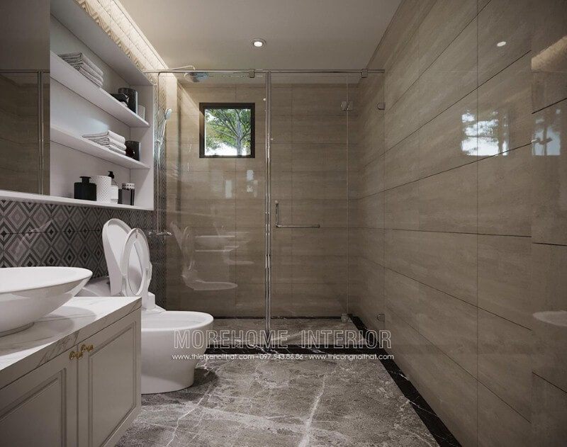 Phòng tắm kính cường lực cửa mở quay đẹp cho mọi không gian.