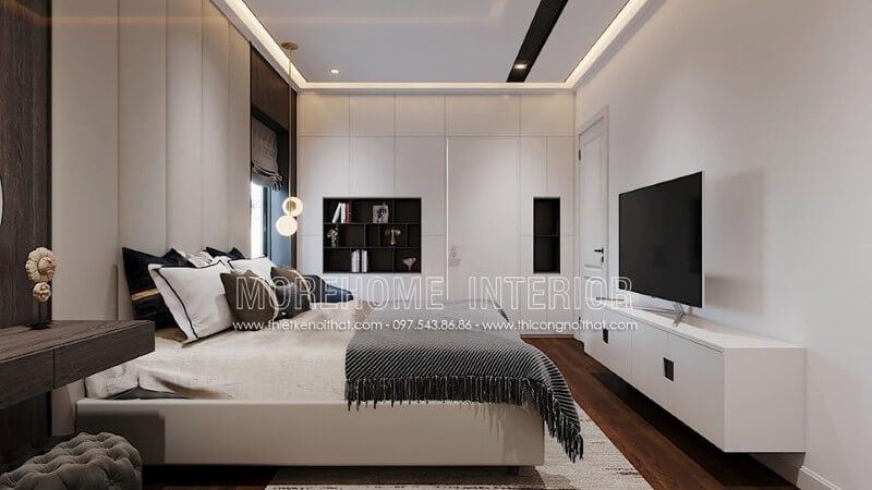 Tường sơn trắng đơn giản nhưng lại tạo nét đẹp sang trọng tinh tế cho phòng ngủ hiện đại.