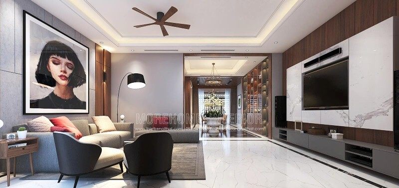 Trang trí nội thất phòng khách ấn tượng với thiết kế mở, hiện đại tạo nên không gian thông thoáng, đẹp mắt.