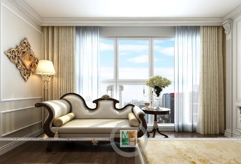 Mẫu ghế sofa bọc da tân cổ điển với kiểu dáng ấn tượng, cùng đường nét uốn lượn tinh tế mang đến vẻ đẹp sang trọng cho căn phòng ngủ của gia chủ